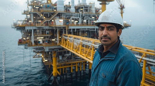 a skilled indian worker posing with a oil platform. He is wearing a white clean helmet and a blue jacket. photo