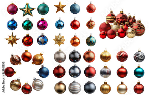 Assorted Christmas ornaments in various shapes and colors isolated on transparent background
