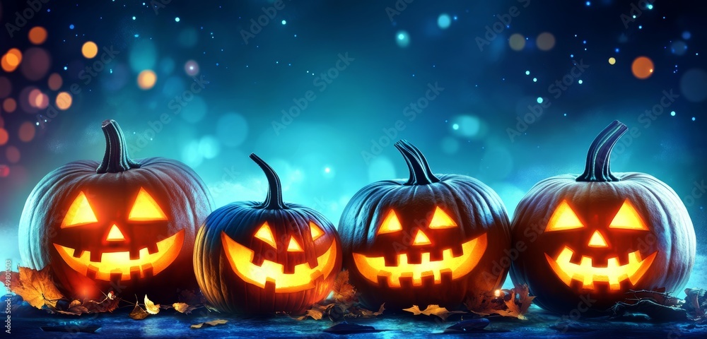 Fototapeta premium Halloween Background with Glowing Jack-o-Lantern Pumpkins