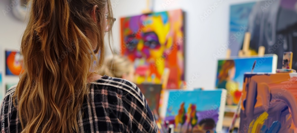 Fototapeta premium Creative Painting Class for Adults in a Vibrant Studio Setting with Abstract Artworks