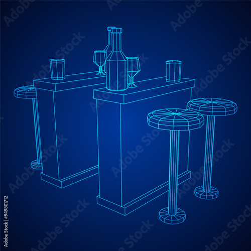 Bar counter with stools, bar top with bottles and glasses. Wireframe low poly mesh vector illustration.