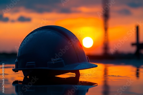 Beautiful image of an engineering helmet at sunset, civil construction generative ai