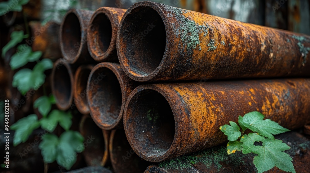 A close-up view of rusty metal pipes entwined with green leaves, showcasing the beauty of decay and nature's reclamation. A close-up view of rusty metal pipes entwined with green leaves, showcasing the beauty of decay and nature's reclamation.