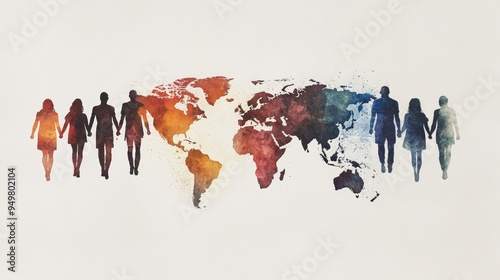 A colorful artistic representation of diverse figures holding hands against a world map, symbolizing unity and global connection.