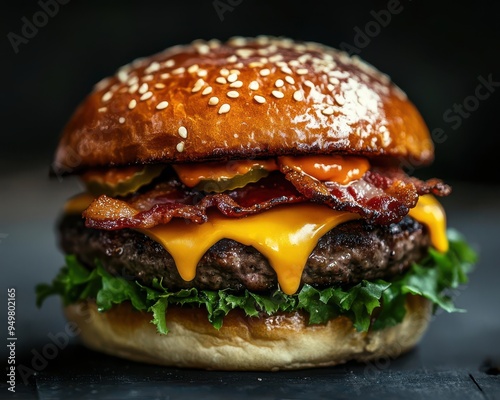 Close-up of a delicious bacon cheeseburger with a sesame bun, melted cheddar cheese, and fresh lettuce on a dark background.