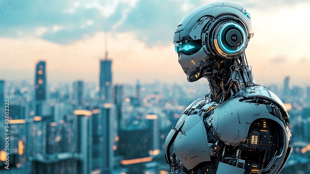 Fototapeta premium A Realistic Humanoid Robot With Blue Eyes