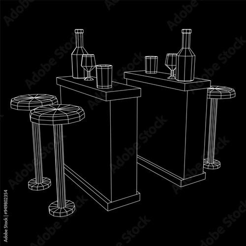 Bar counter with stools, bar top with bottles and glasses. Wireframe low poly mesh vector illustration.