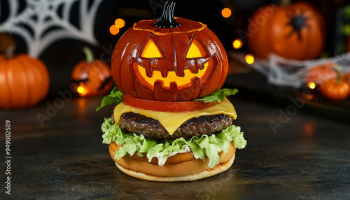 A Halloween-Themed Cheeseburger Topped with a Jack-O-Lantern