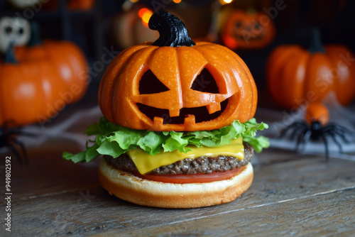 A Jack-o'-Lantern Burger with Halloween Decorations