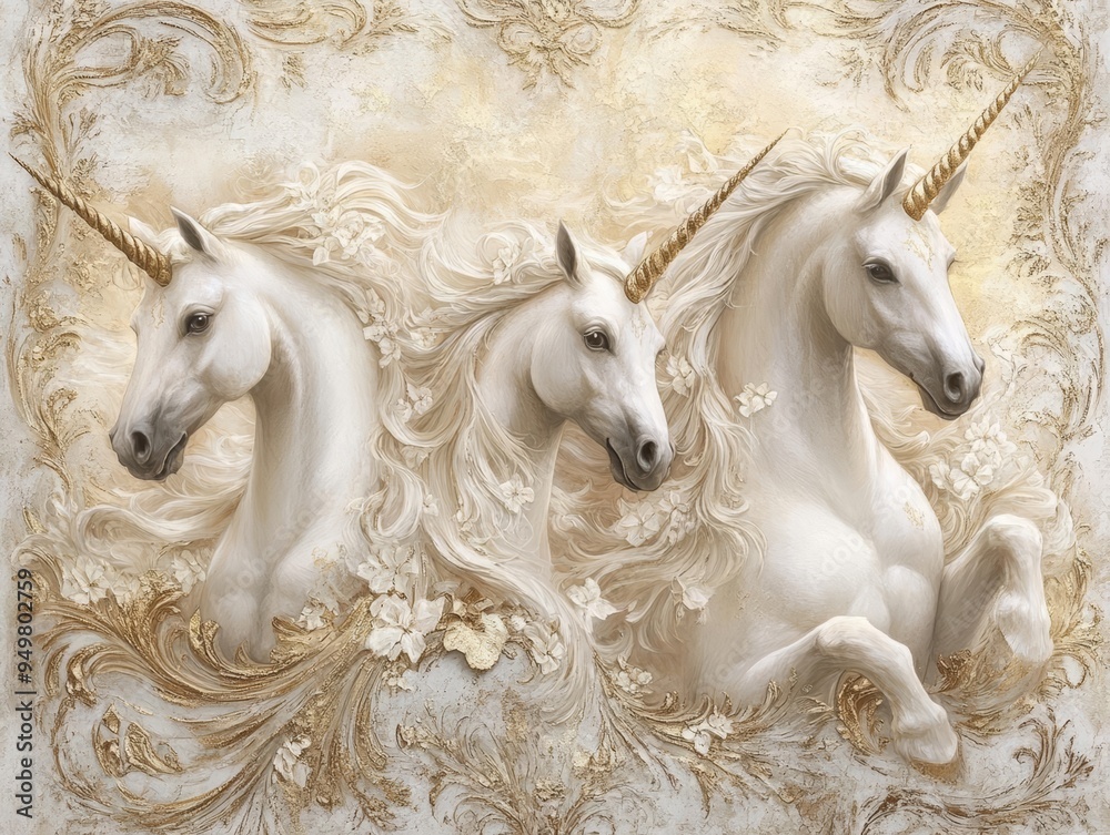 A stunning artwork featuring three mythical unicorns in a delicate floral setting with golden accents. A stunning artwork featuring three mythical unicorns in a delicate floral setting with golden accents.