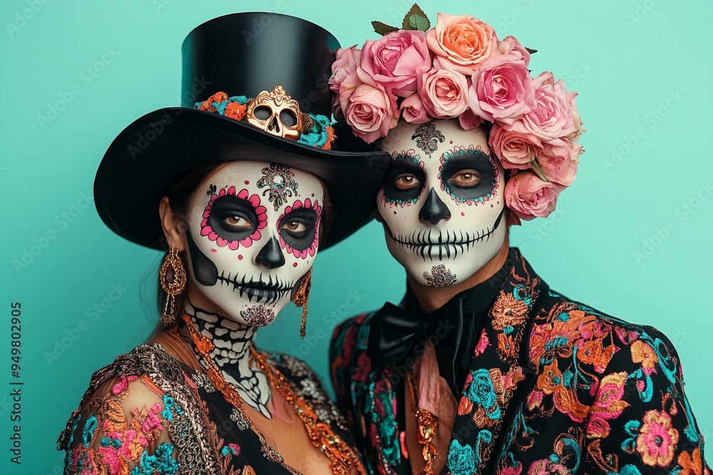 Young people in love in costumes and make-up of a sugar skull and Calavera Catrina pose cheerfully. A merry Halloween and Day of the Dead celebration. Young people in love in costumes and make-up of a sugar skull and Calavera Catrina pose cheerfully. A merry Halloween and Day of the Dead celebration.