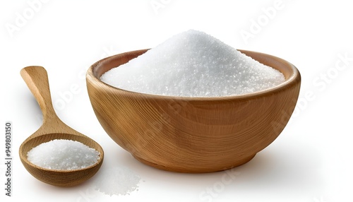 White sugar in wooden bowl isolated on white background. photo