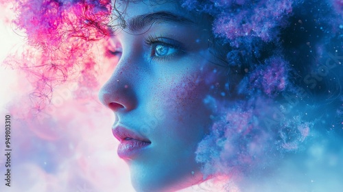 Celestial Gaze: A Surreal Portrait of a smiling woman Wrapped in Soft Clouds and Cosmic Colors