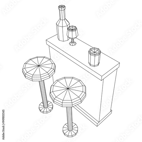 Bar counter with stools, bar top with bottles and glasses. Wireframe low poly mesh vector illustration.