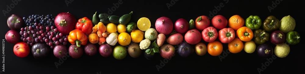 Brightly colored fruits and vegetables arranged in rainbow gradients