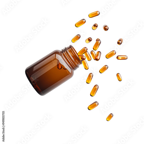 A brown bottle of pills spilling out  isolated on transparency PNG background, perfect for illustrating topics related to medicine, health supplements, or pharmacy services, photo