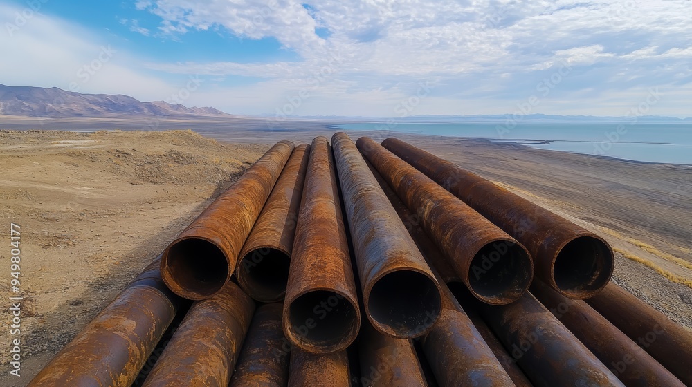 Rusty metal pipes stacked on a barren landscape under a cloudy sky, showcasing industrial elements in nature. Rusty metal pipes stacked on a barren landscape under a cloudy sky, showcasing industrial elements in nature.
