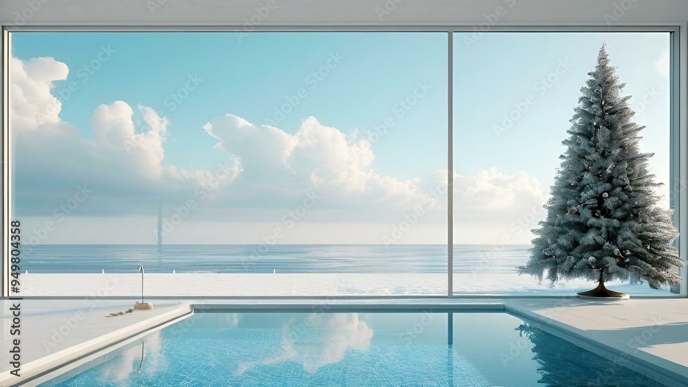 A serene swimming pool visible through a window, framed by a lush tree in the background, creating a tranquil atmosphere. A serene swimming pool visible through a window, framed by a lush tree in the background, creating a tranquil atmosphere.