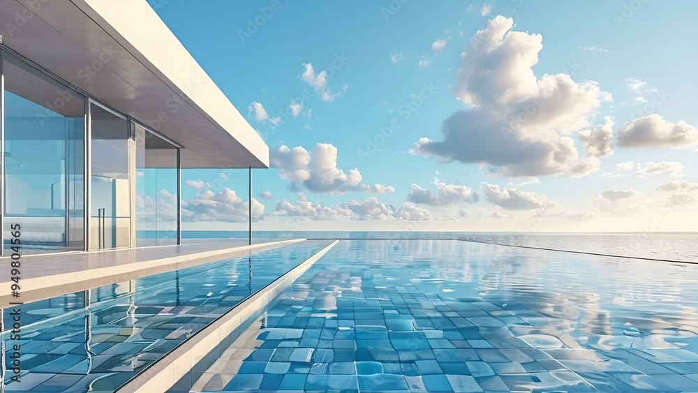 A serene beach scene featuring a pool beside a house under a clear blue sky, evoking relaxation and tranquility.