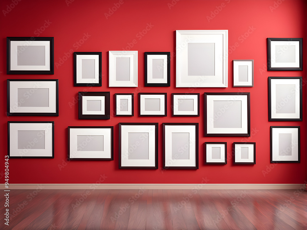 Gallery Interior with empty frames on red wall