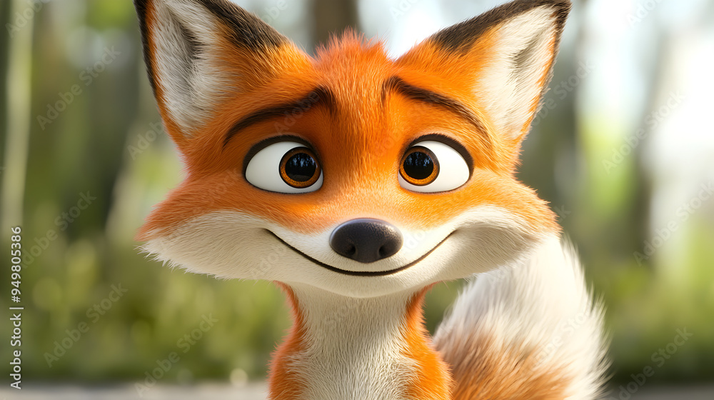 Cartoon Fox Character Smiling in Woodland Forest Setting
