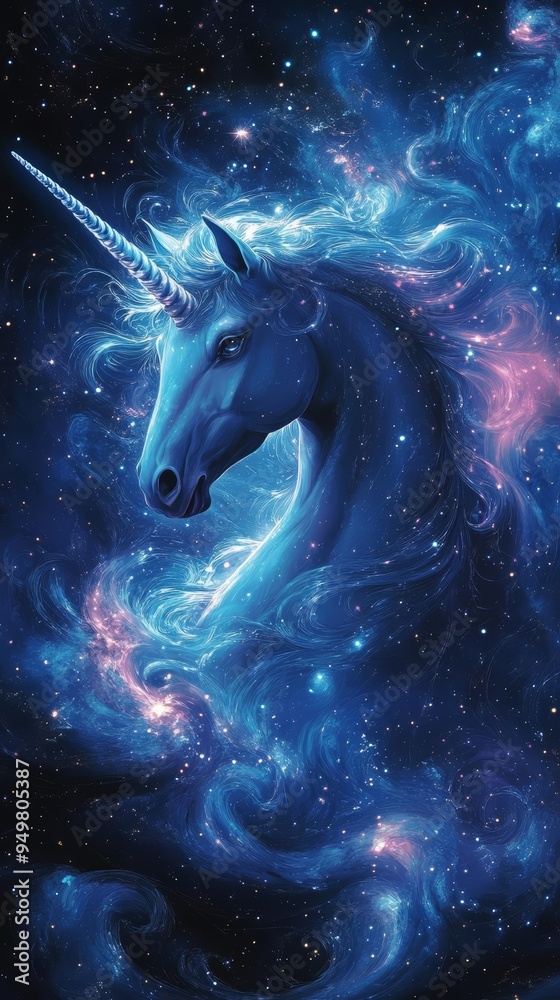 A mystical blue unicorn surrounded by a cosmic galaxy, featuring swirling stars and ethereal colors in a dreamy universe. A mystical blue unicorn surrounded by a cosmic galaxy, featuring swirling stars and ethereal colors in a dreamy universe.