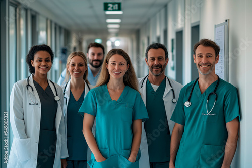 Portrait of diverse medical team smiling in hospital corridor