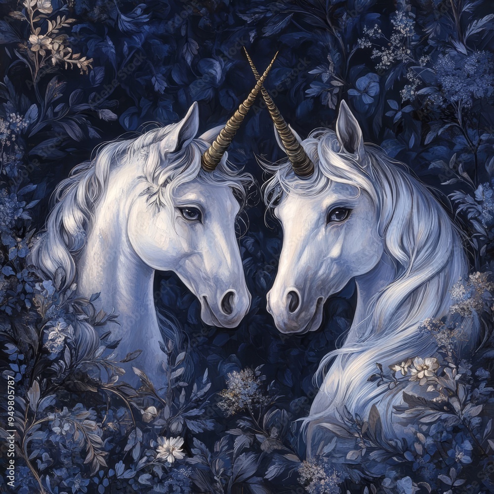 A serene illustration of two majestic unicorns surrounded by enchanting floral patterns, evoking magic and tranquility. A serene illustration of two majestic unicorns surrounded by enchanting floral patterns, evoking magic and tranquility.