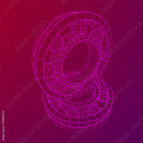 Roller bearing. Circular round rotating bearings used in industry for heavy equipment mechanical work and engineering. Wireframe low poly mesh vector illustration.