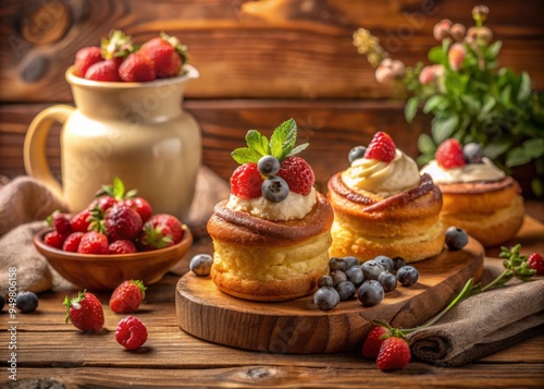 whimsical morning still life warm golden light delicate flaky pastry towering popovers fresh berries sweet cream rustic wooden table soft focus cozy intimate atmosphere