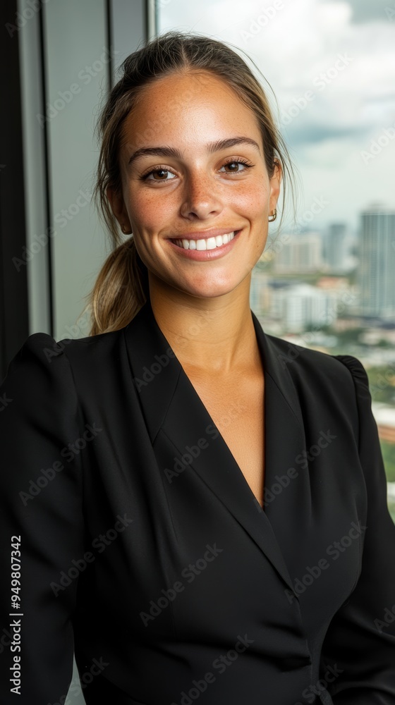 Obraz premium A businesswoman with a confident smile standing in front of large office windows overlooking a cityscape She is dressed in a sharp tailored suit exuding professionalism The image is welllit 