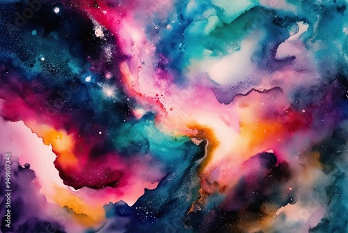 Colorful Dreamy Cosmic Watercolor Galaxy Scenery with Ethereal Textures and Celestial Patterns