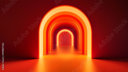 Abstract orange archway with red glowing light, 3d illustration.