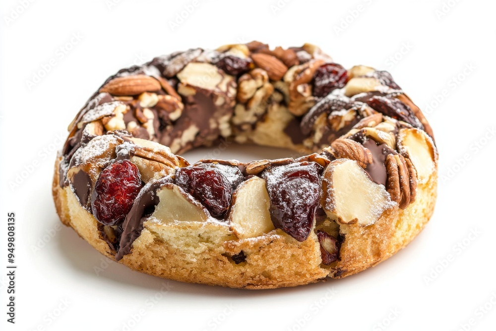 Buccellato, A Sicilian ring-shaped cake filled with dried fruits, nuts, and chocolate, often enjoyed during Christmas. Isolated on White Background