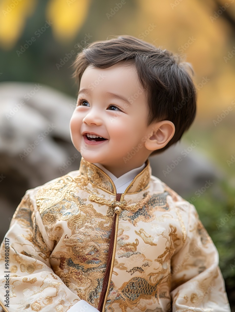 Smiling toddler in traditional Chinese outfit outdoors, bright and joyful moment Smiling toddler in traditional Chinese outfit outdoors, bright and joyful moment