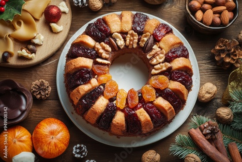 Buccellato, A Sicilian ring-shaped cake filled with dried fruits, nuts, and chocolate, often enjoyed during Christmas. Top View photo