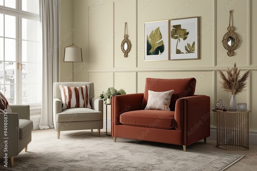 Fototapeta premium Soft Living Room Mockup Featuring a Striking Armchair and Tasteful Decorations on a Light Cream Wall