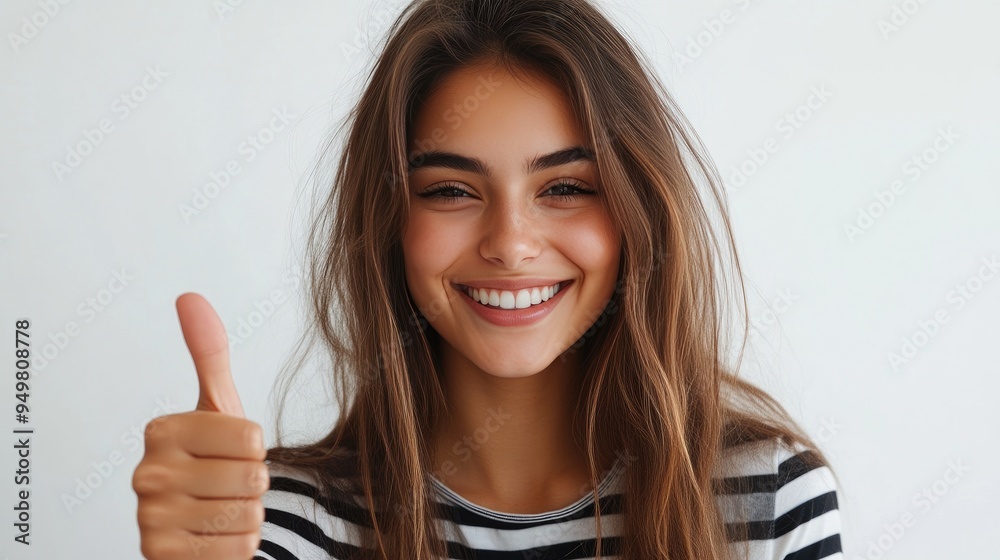 Smiling Woman in Stripes Giving Thumbs Up on White Background Smiling Woman in Stripes Giving Thumbs Up on White Background