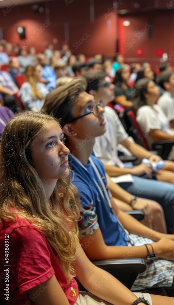 College Orientation: Freshmen Students Engaging in Campus Life Presentations, Auditorium Setting College Orientation: Freshmen Students Engaging in Campus Life Presentations, Auditorium Setting