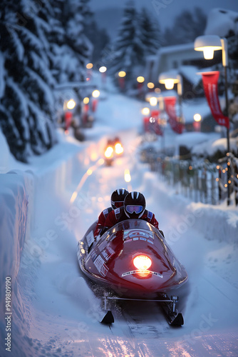 A Two-Man Bobsled Team Races Through a Snowy Winter Landscape