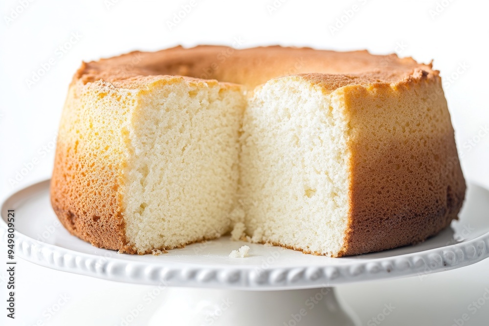 Chiffon Cake, A light, airy cake made with vegetable oil and beaten egg whites, popular in the US and Asia Isolated on White Background Chiffon Cake, A light, airy cake made with vegetable oil and beaten egg whites, popular in the US and Asia Isolated on White Background