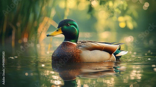 Close-up of a male mallard duck swimming in a tranquil lake with soft sunlight, select focus, blurred background. Generative AI photo