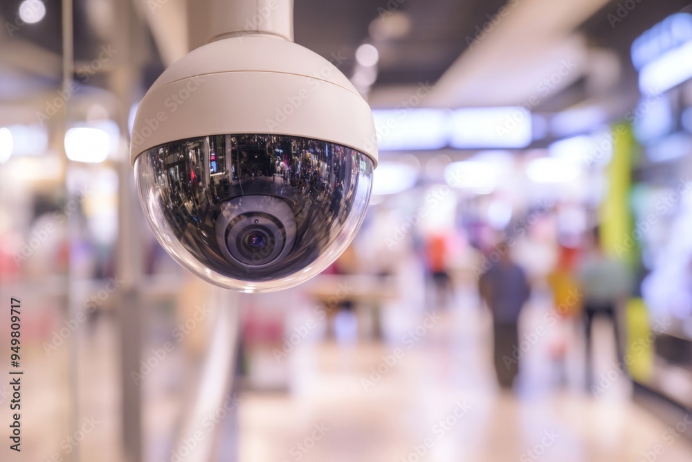 High-Tech Surveillance Camera Overseeing Busy Shopping Mall Interior High-Tech Surveillance Camera Overseeing Busy Shopping Mall Interior
