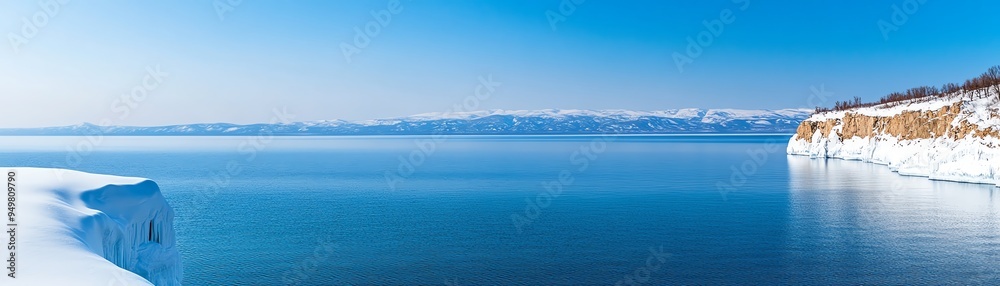 Panoramic view of a frozen lake with snow-covered mountains in the background.