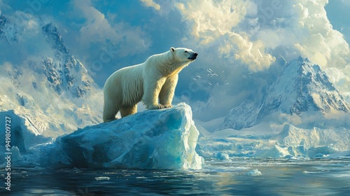 A majestic polar bear ascended an icy perch amidst the dissolving arctic expanse.