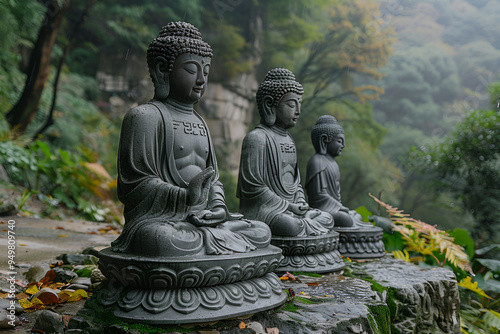 a group of three statues of Buddha sitting on a stone wall in a forested area. 