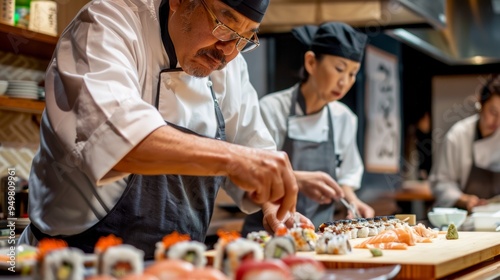 Middle-Aged Friends Learning Sushi Making in Cooking Class with Expert Chef Guidance