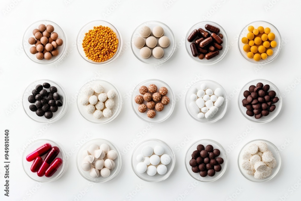 Assorted Nutritional Supplements and Medication Pills in Organized Containers on White Background Assorted Nutritional Supplements and Medication Pills in Organized Containers on White Background