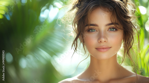 A beautiful young woman with natural makeup, standing in a lush green environment, exuding freshness and tranquility.