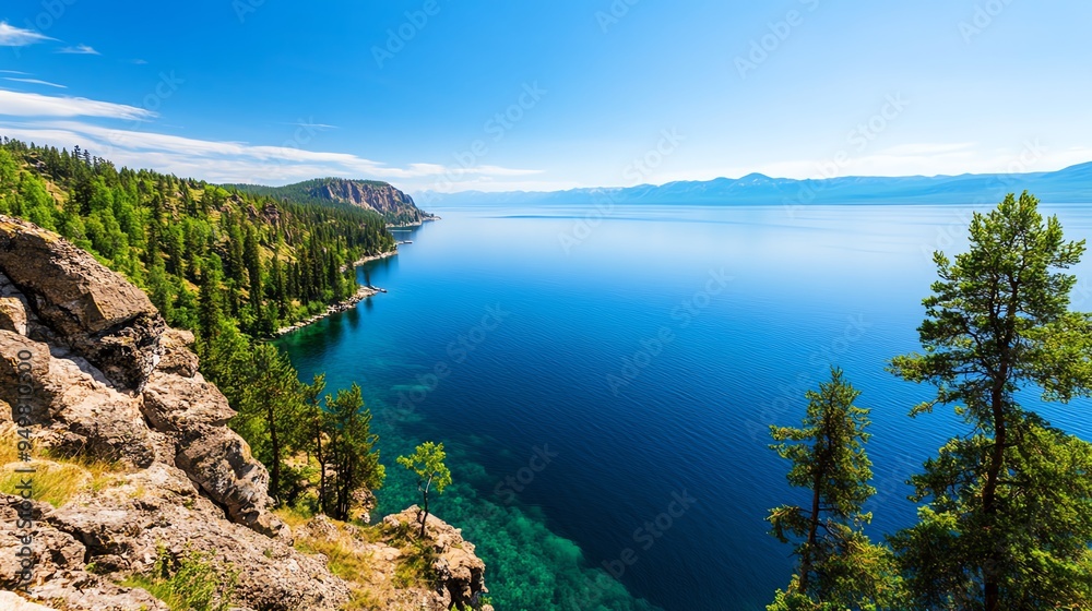 Stunning panoramic view of a crystal clear lake with forested hillsides and mountains in the distance. Stunning panoramic view of a crystal clear lake with forested hillsides and mountains in the distance.